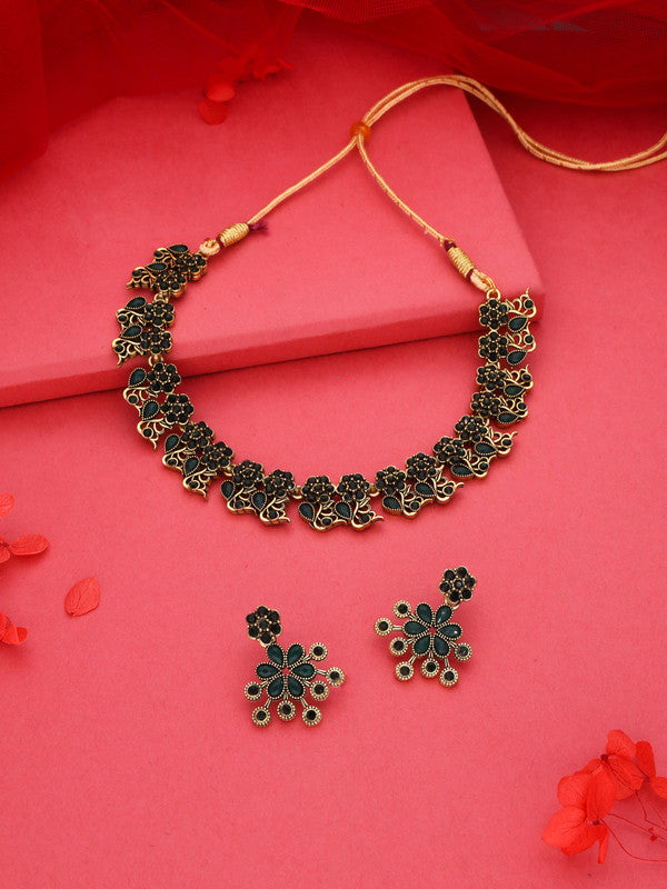 Tehzeeb Creations Luxurious Gold Polished Green Colour Diamond Choker Necklace Set With Matching Earrings - Distacart