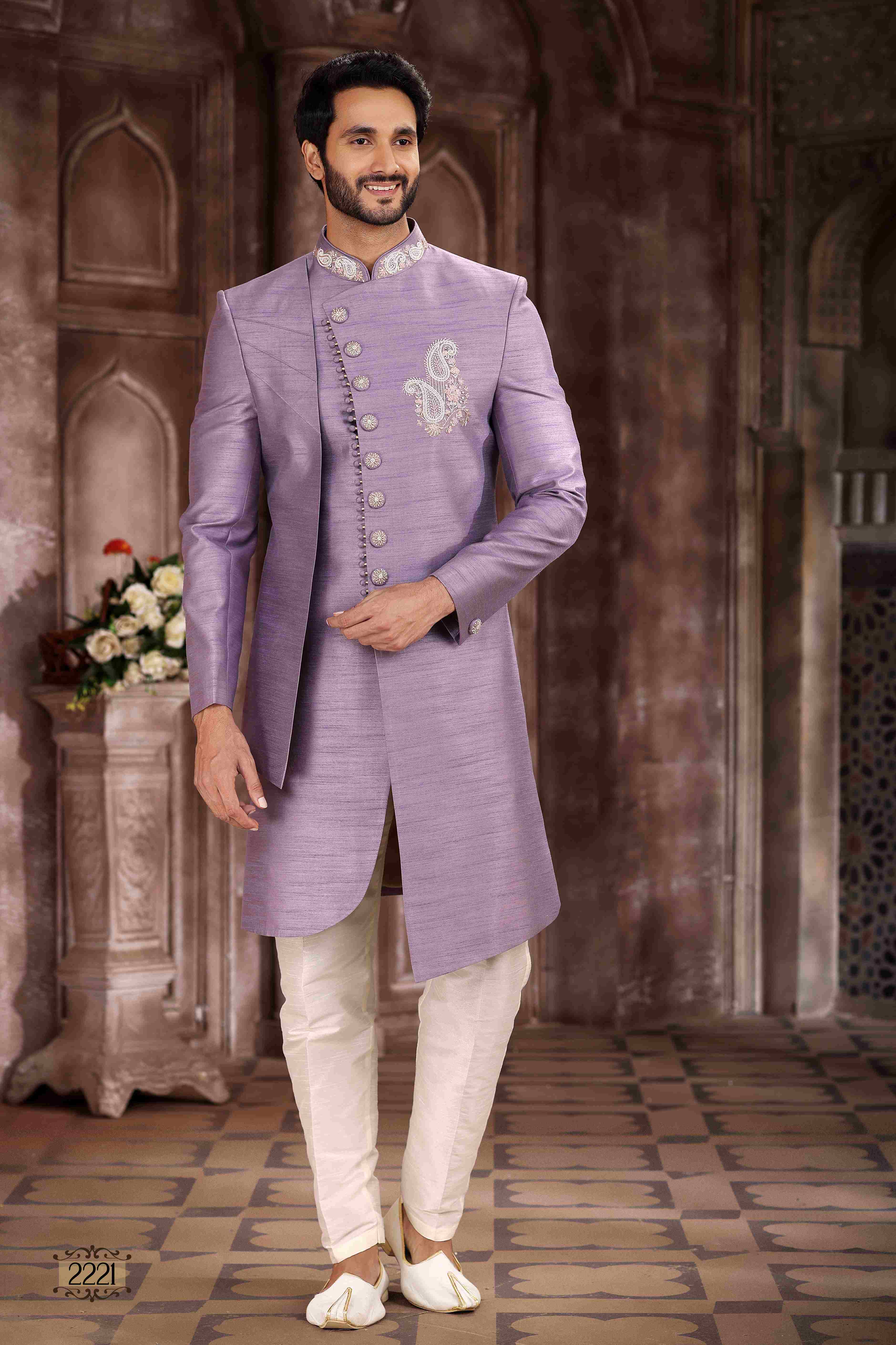 Raivat Ethnic Art Silk Embroidery Work Sherwani In Lavender Colour - Distacart