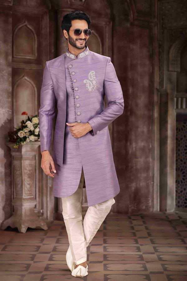 Raivat Ethnic Art Silk Embroidery Work Sherwani In Lavender Colour