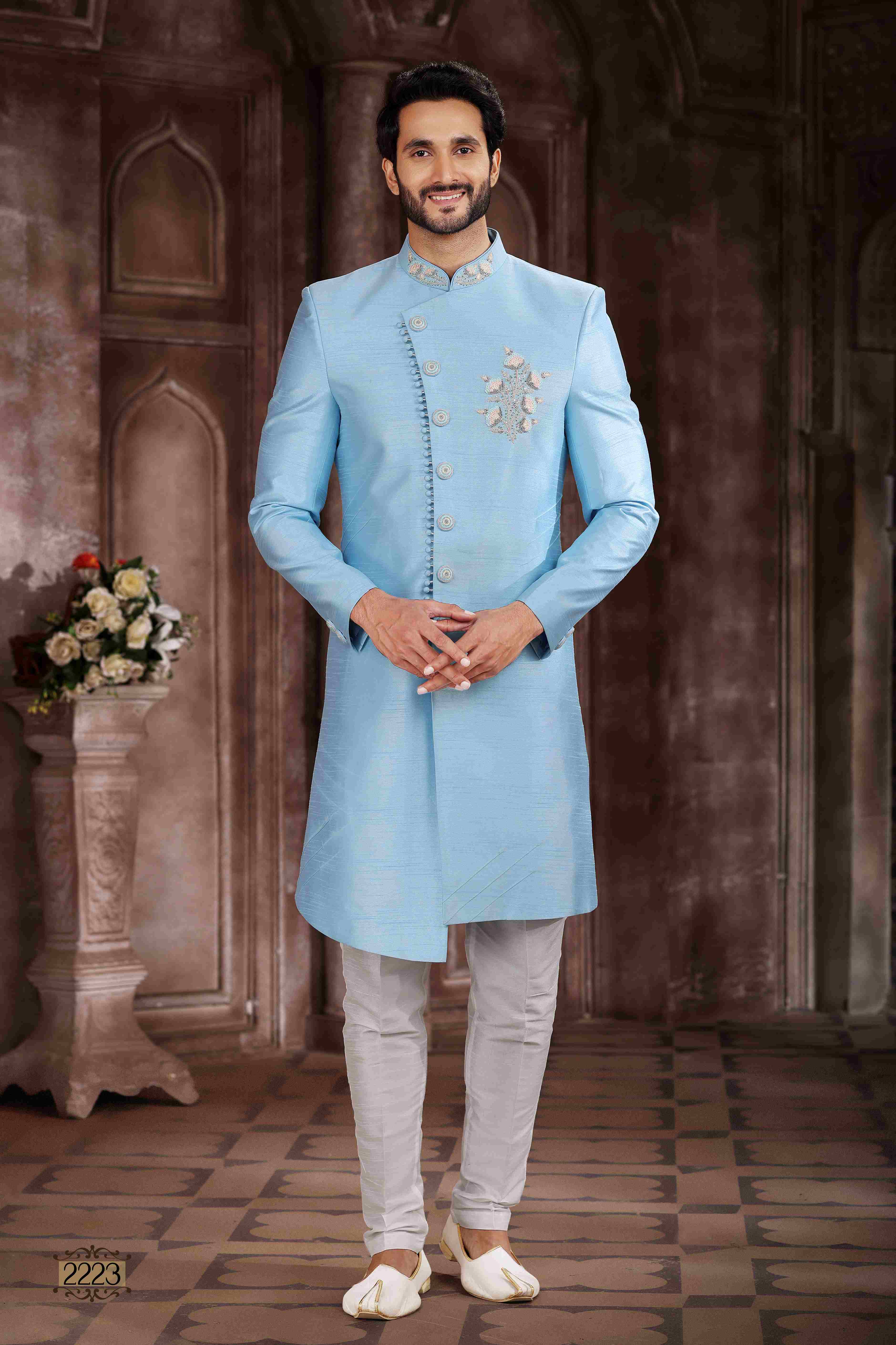 Raivat Ethnic Art Silk Embroidery Work Sherwani In Sky Blue Colour