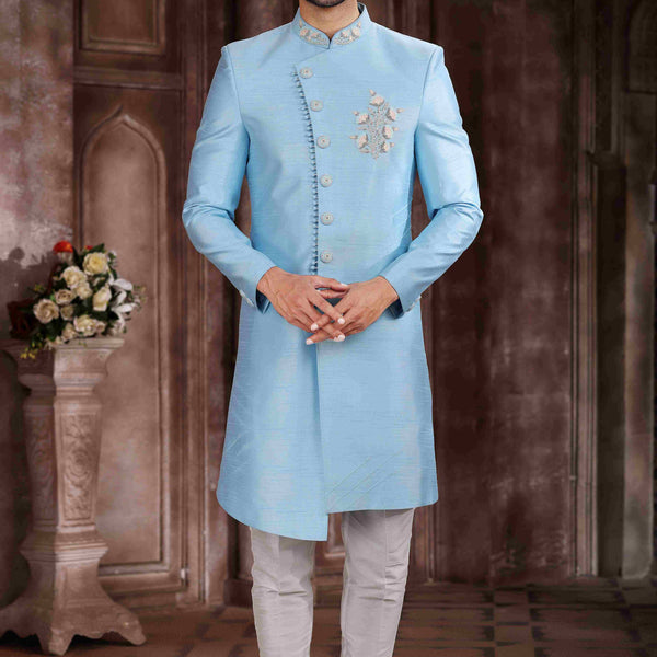 Raivat Ethnic Art Silk Embroidery Work Sherwani In Sky Blue Colour