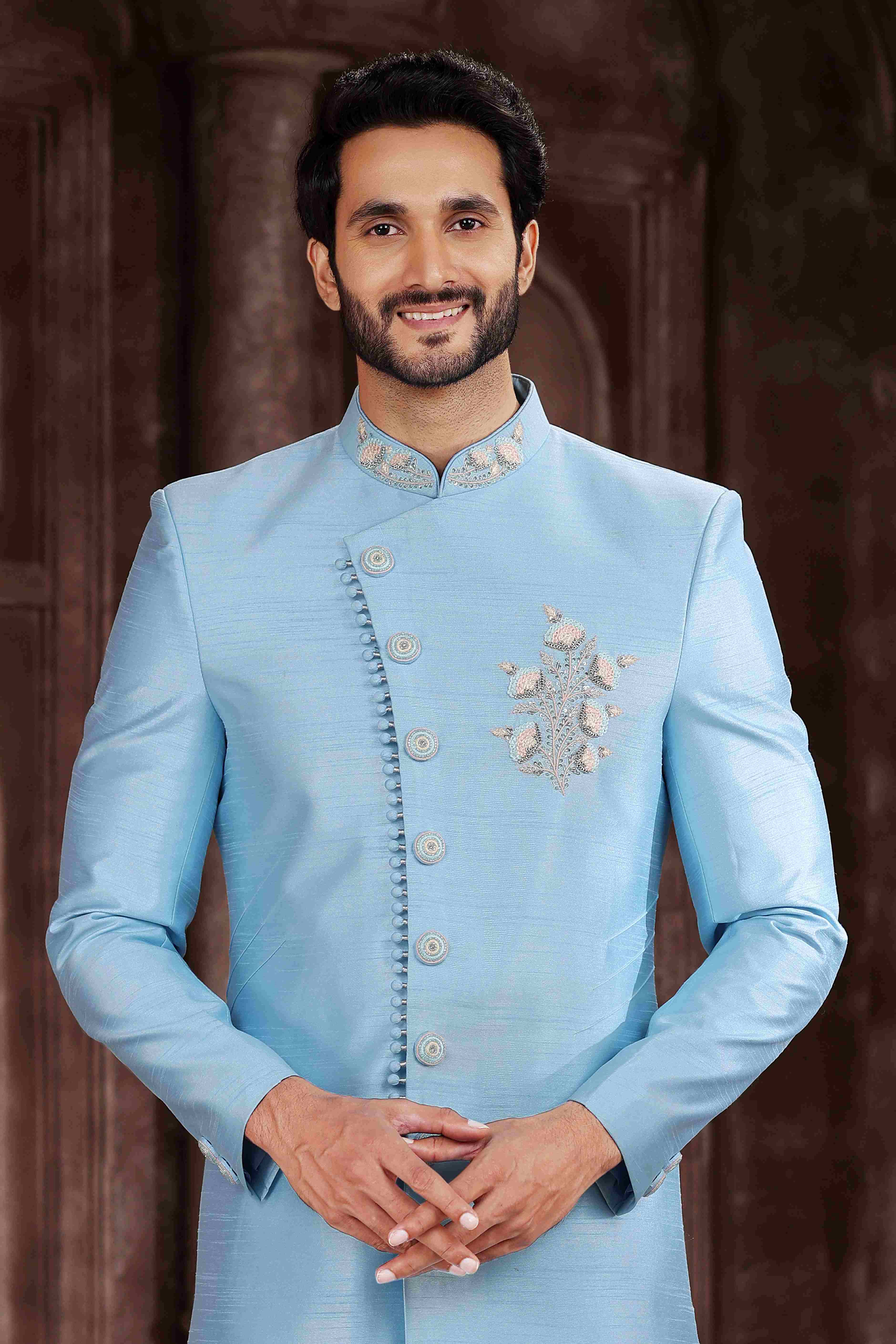 Raivat Ethnic Art Silk Embroidery Work Sherwani In Sky Blue Colour