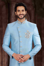 Thumbnail for Raivat Ethnic Art Silk Embroidery Work Sherwani In Sky Blue Colour