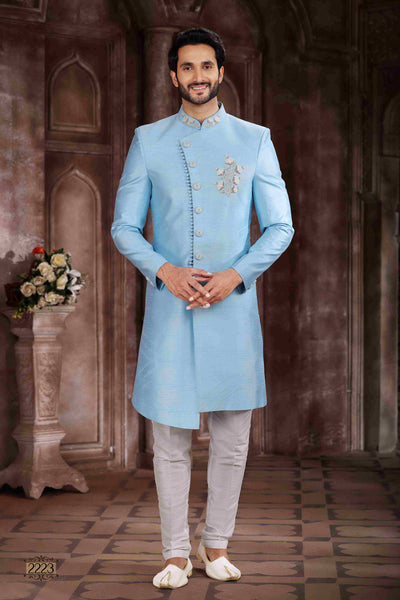 Raivat Ethnic Art Silk Embroidery Work Sherwani In Sky Blue Colour