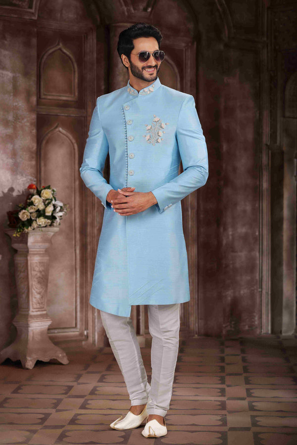 Raivat Ethnic Art Silk Embroidery Work Sherwani In Sky Blue Colour