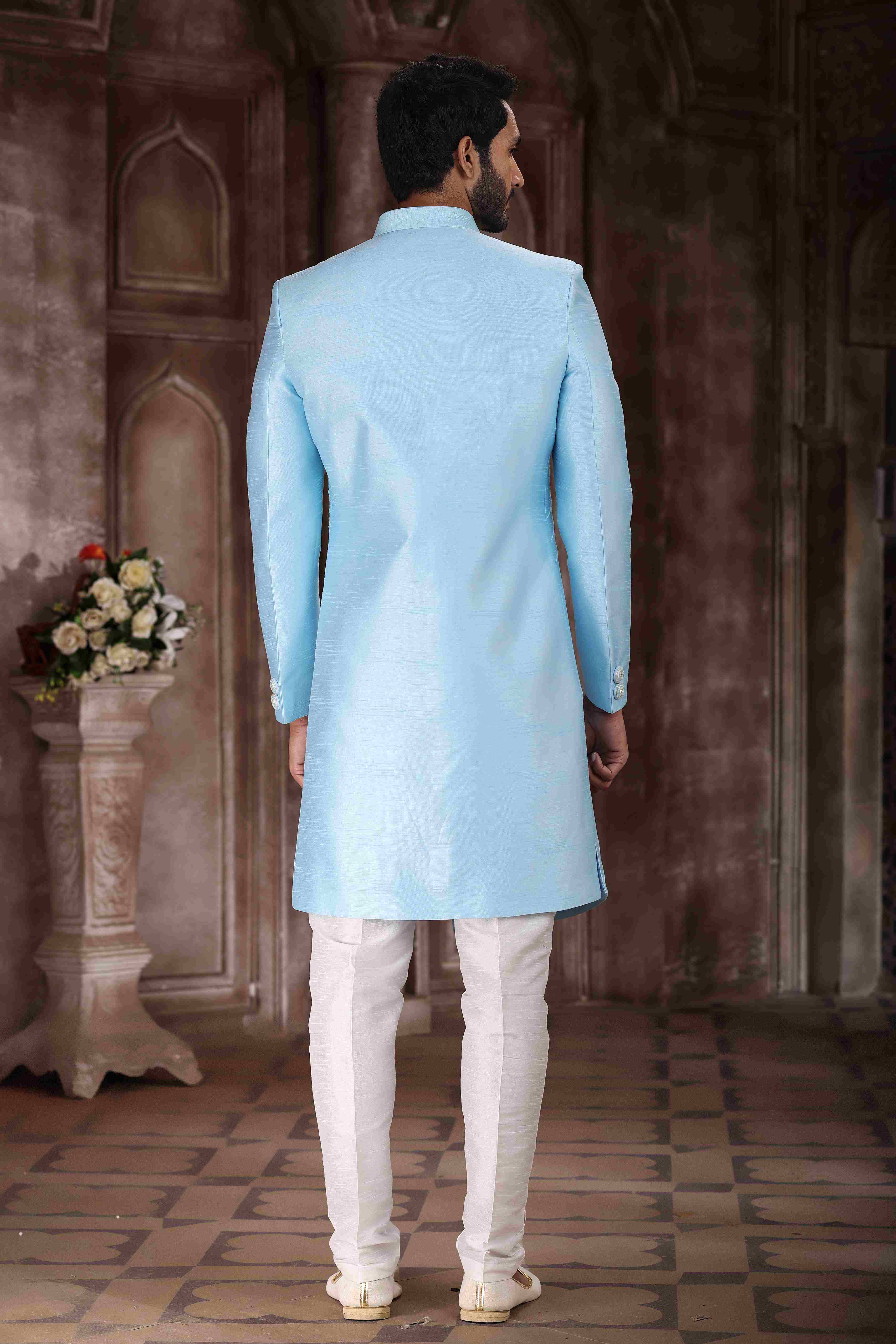 Raivat Ethnic Art Silk Embroidery Work Sherwani In Sky Blue Colour