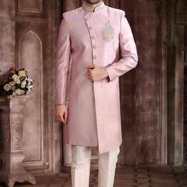 Raivat Ethnic Art Silk Embroidery Work Sherwani In Onion Pink Colour