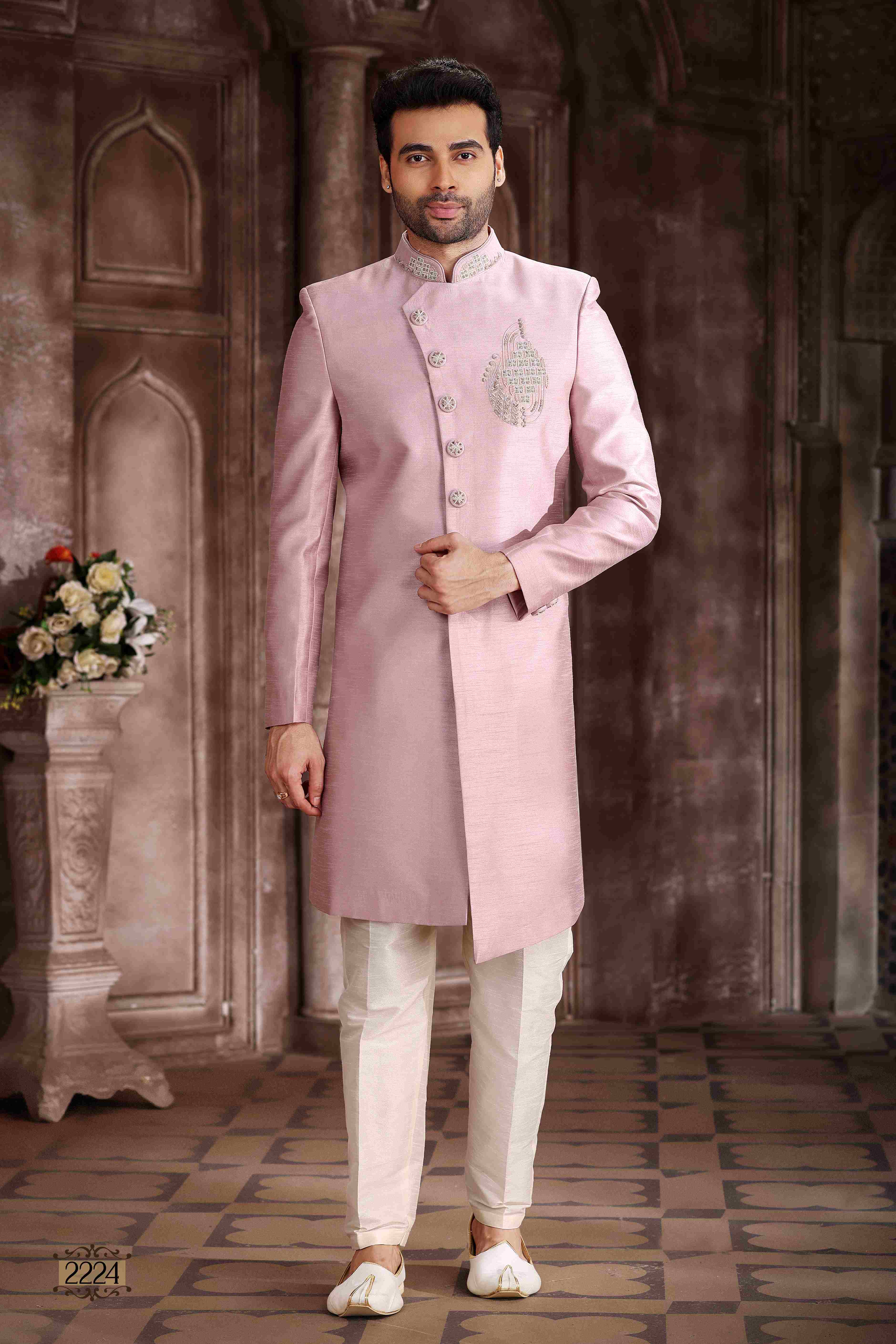 Raivat Ethnic Art Silk Embroidery Work Sherwani In Onion Pink Colour - Distacart