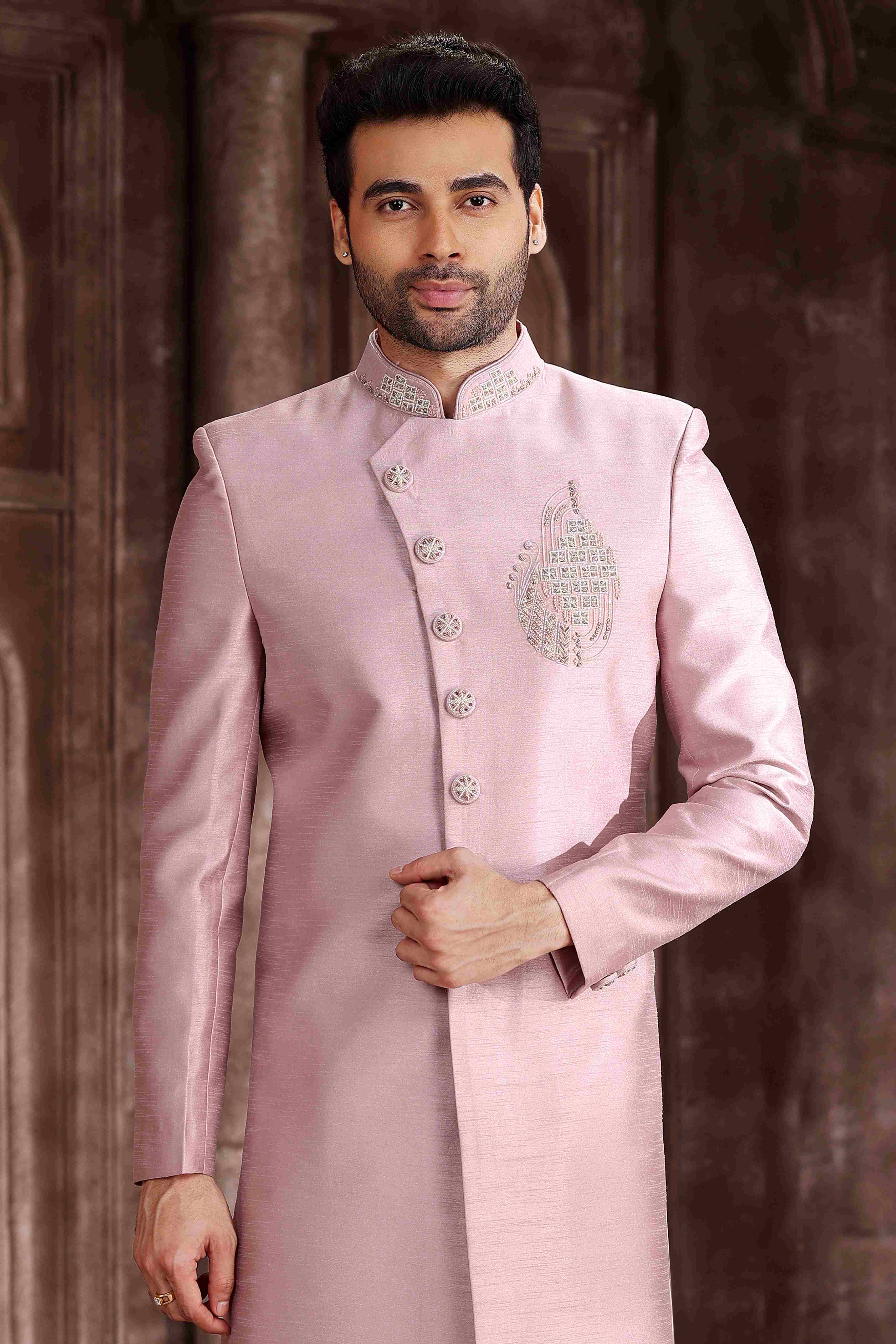 Raivat Ethnic Art Silk Embroidery Work Sherwani In Onion Pink Colour