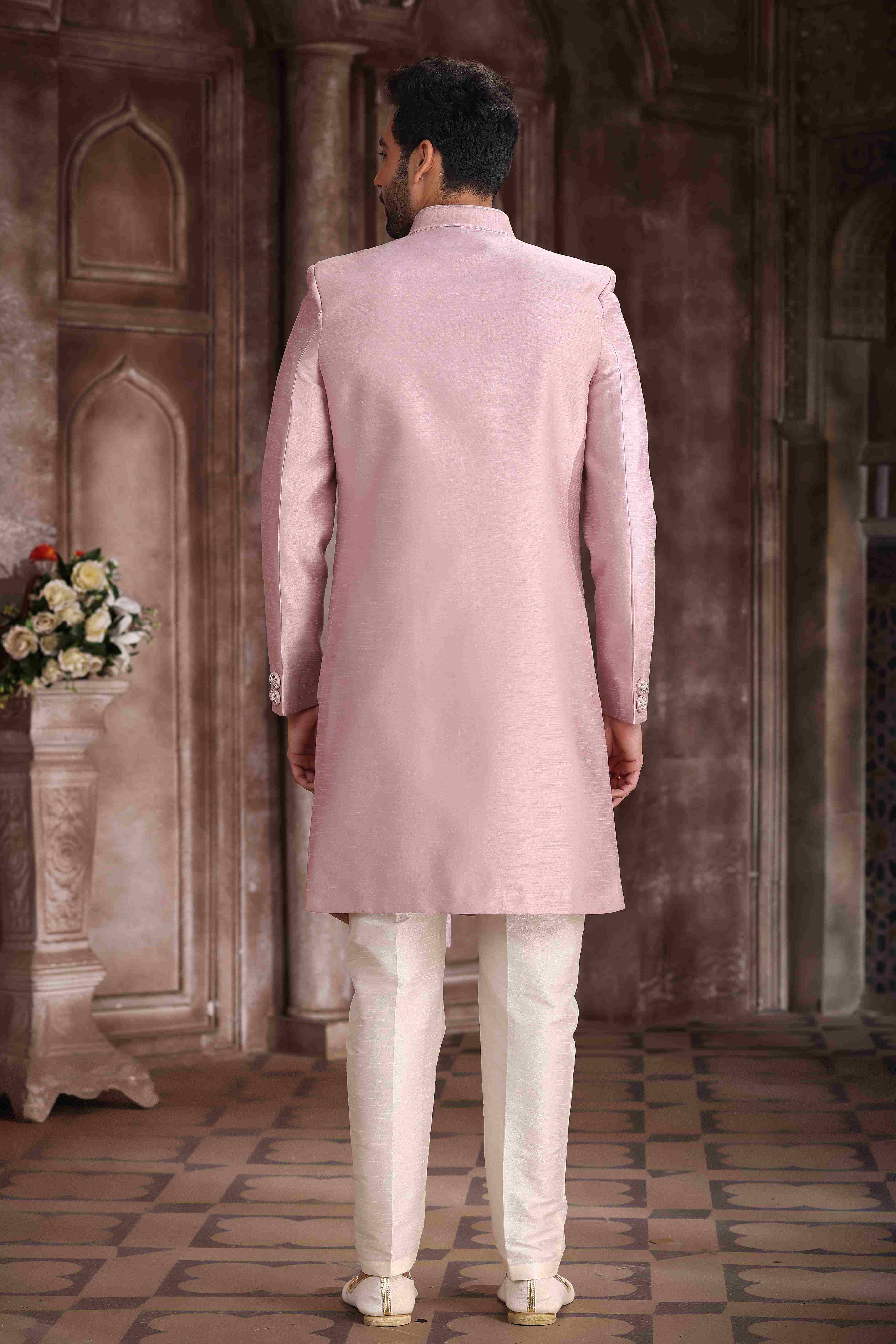 Raivat Ethnic Art Silk Embroidery Work Sherwani In Onion Pink Colour