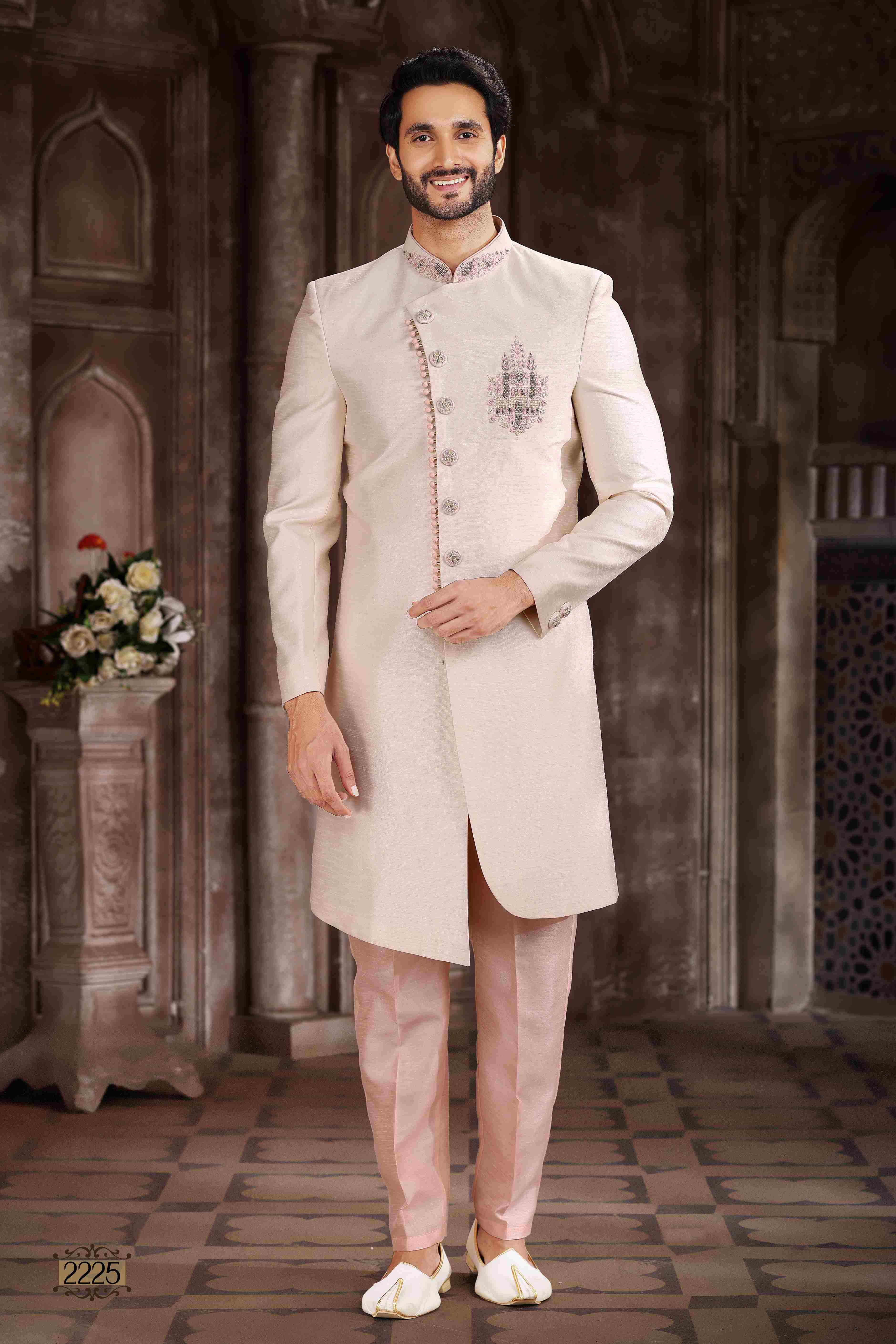 Raivat Ethnic Art Silk Embroidery Work Sherwani In Cream Colour