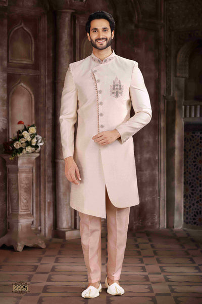 Raivat Ethnic Art Silk Embroidery Work Sherwani In Cream Colour