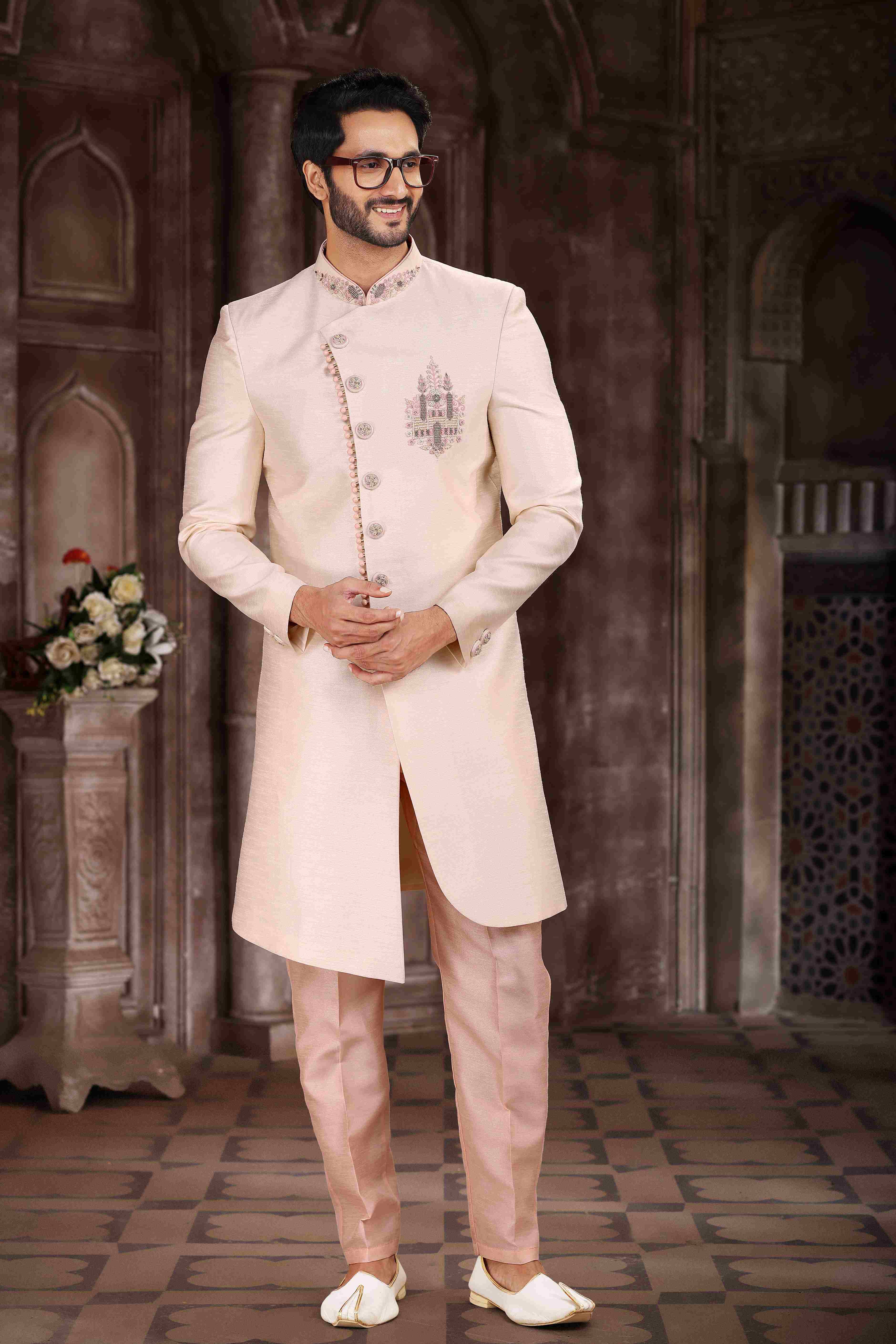 Raivat Ethnic Art Silk Embroidery Work Sherwani In Cream Colour
