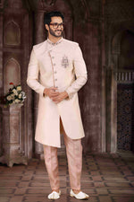 Thumbnail for Raivat Ethnic Art Silk Embroidery Work Sherwani In Cream Colour
