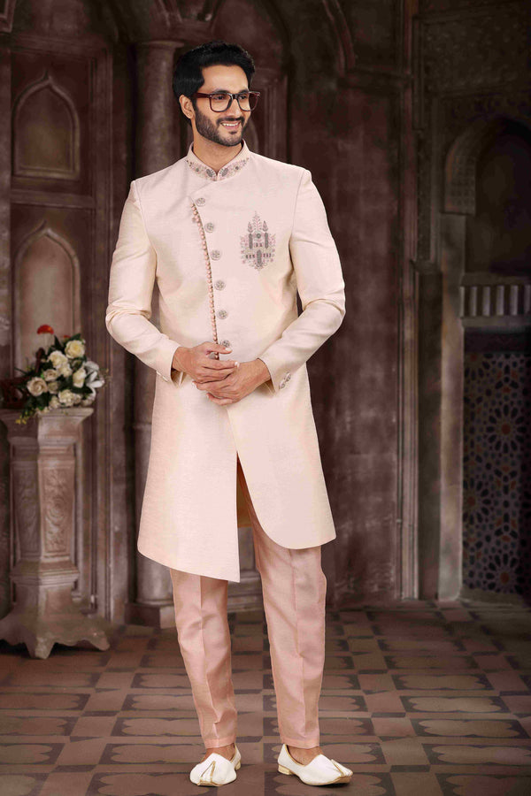 Raivat Ethnic Art Silk Embroidery Work Sherwani In Cream Colour
