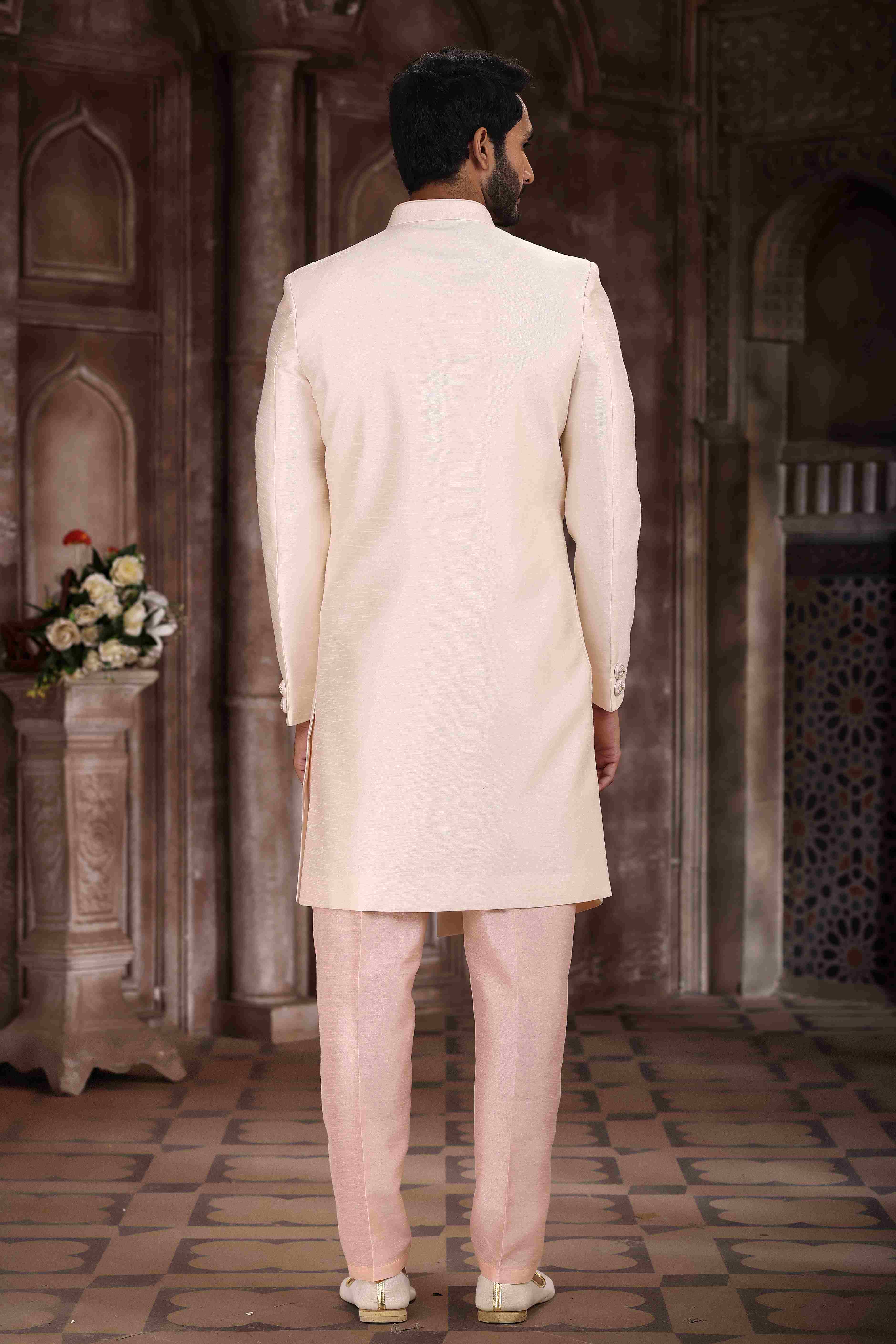 Raivat Ethnic Art Silk Embroidery Work Sherwani In Cream Colour