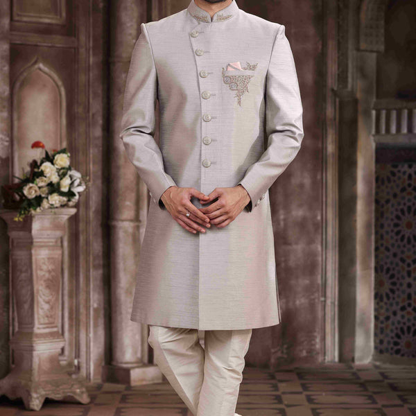 Raivat Ethnic Art Silk Embroidery Work Sherwani In Light Grey Colour