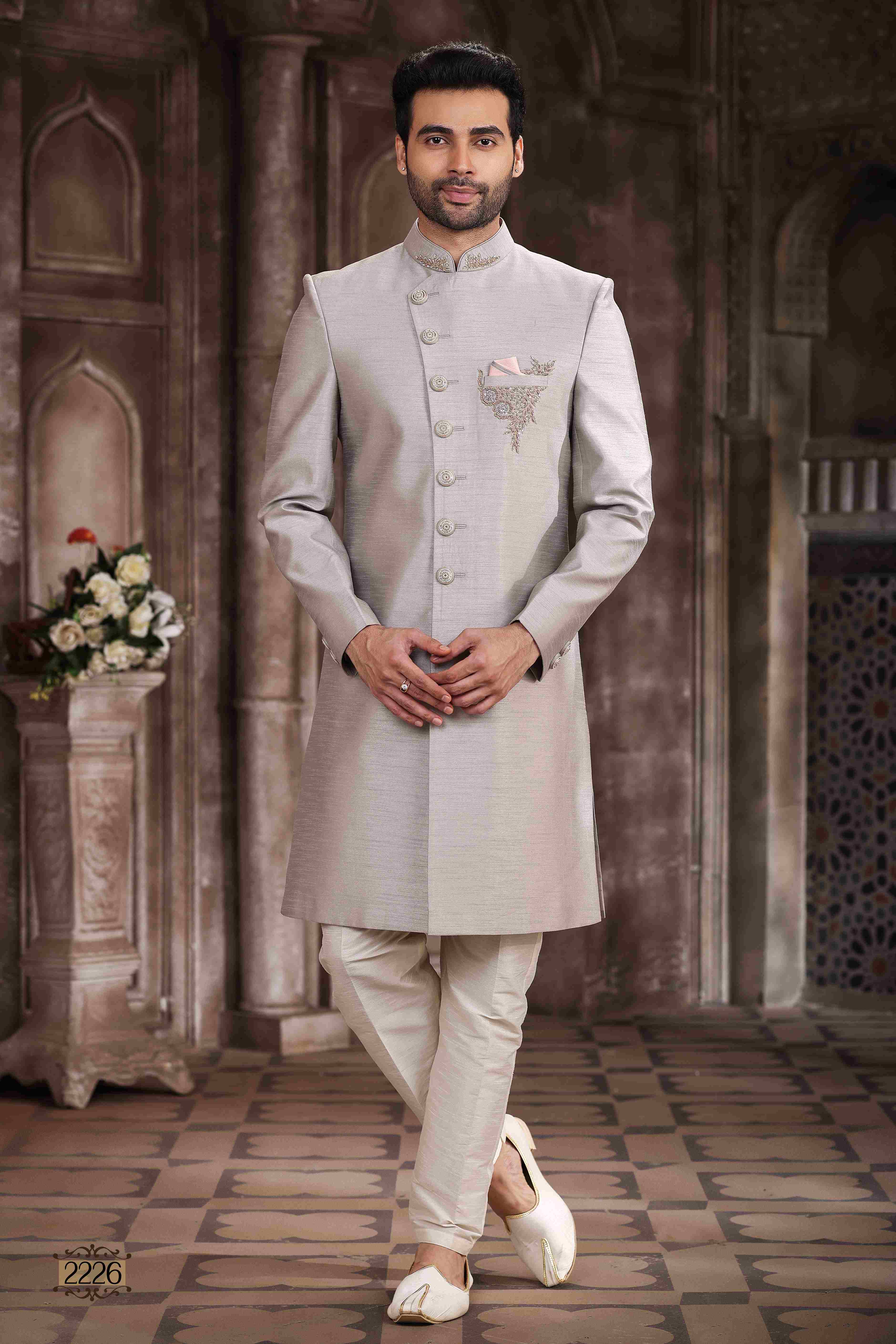 Raivat Ethnic Art Silk Embroidery Work Sherwani In Light Grey Colour - Distacart