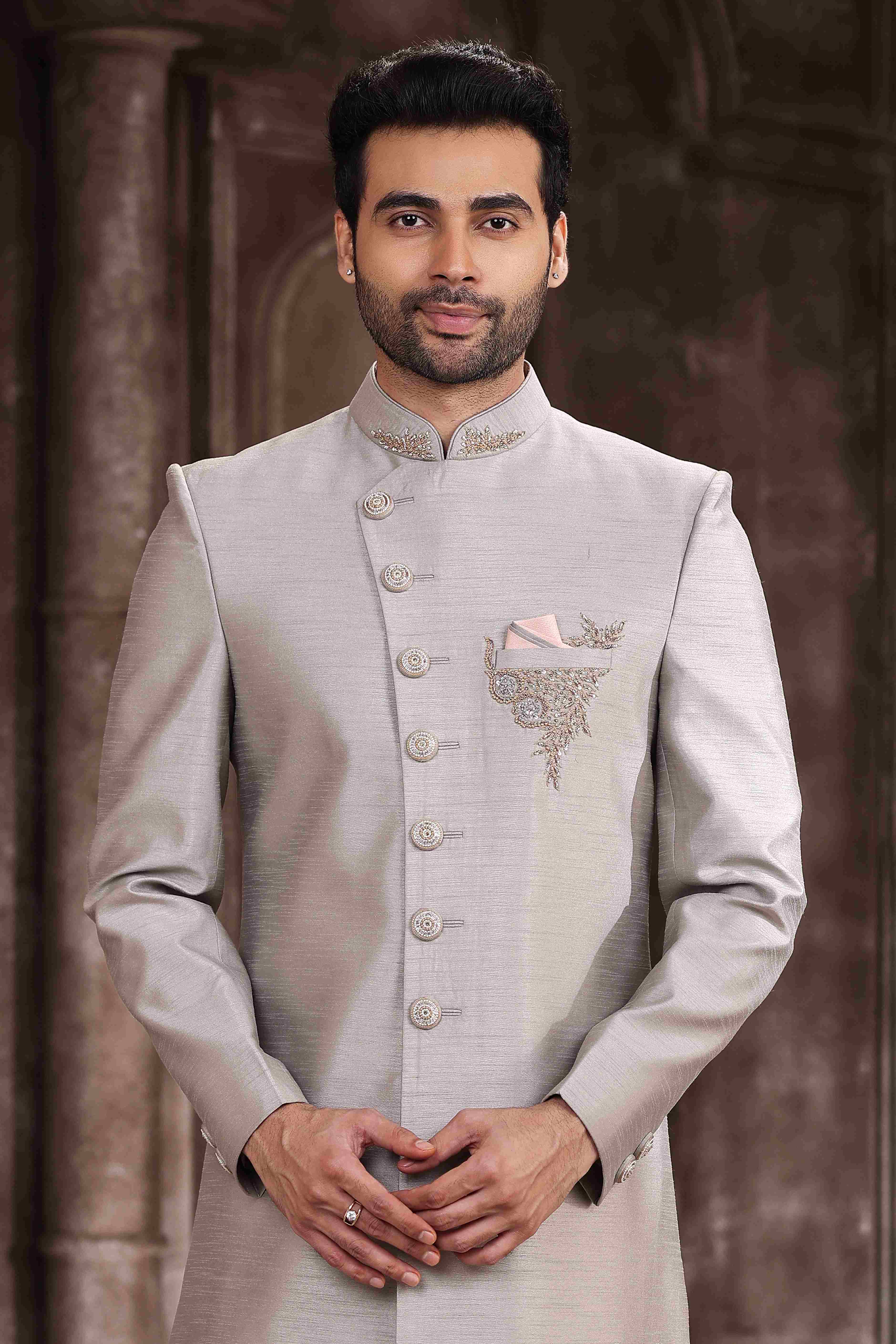 Raivat Ethnic Art Silk Embroidery Work Sherwani In Light Grey Colour