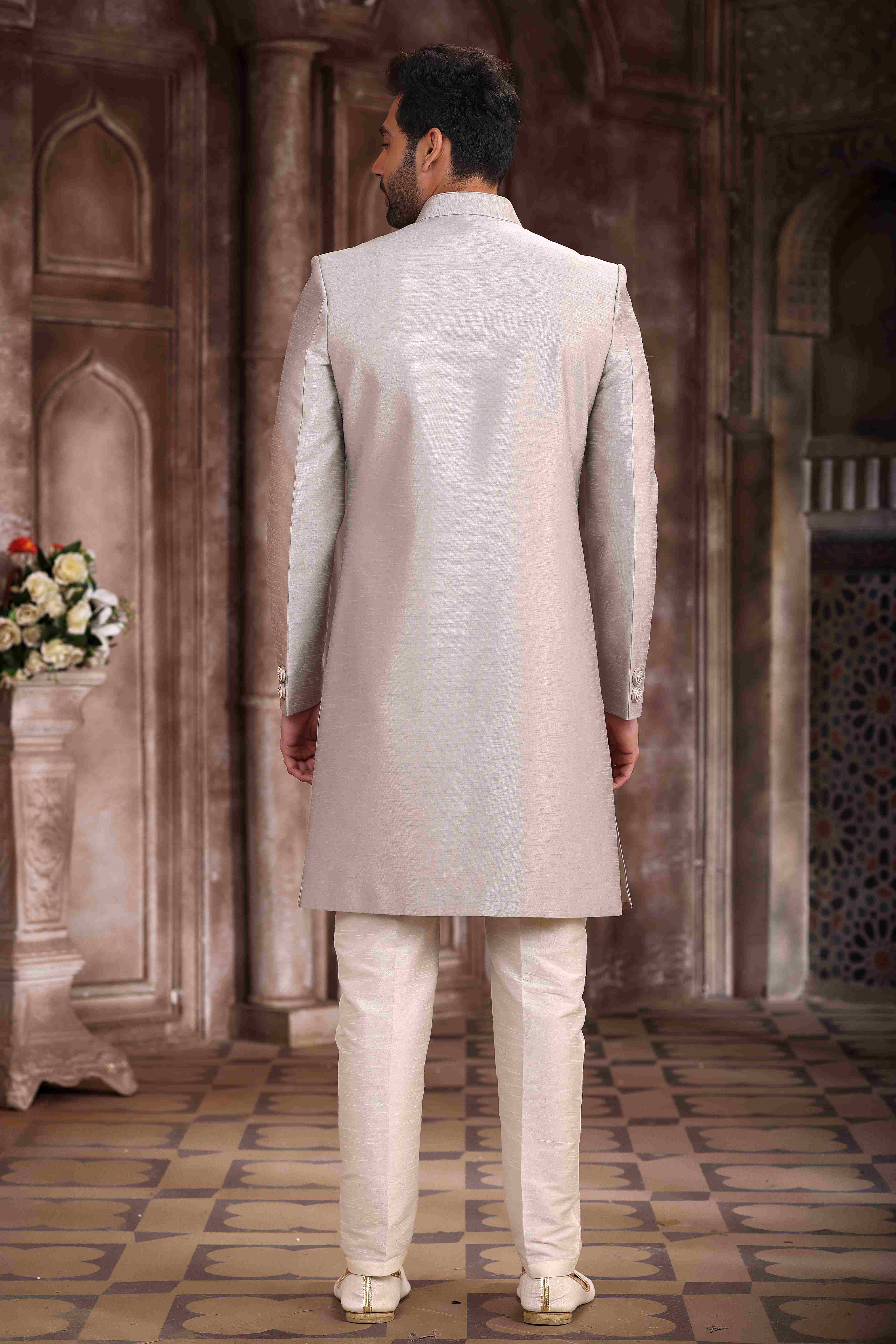 Raivat Ethnic Art Silk Embroidery Work Sherwani In Light Grey Colour