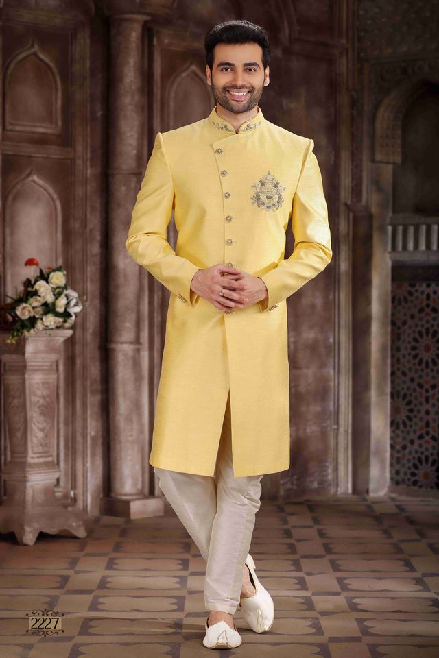 Raivat Ethnic Art Silk Embroidery Work Sherwani In Yellow Colour