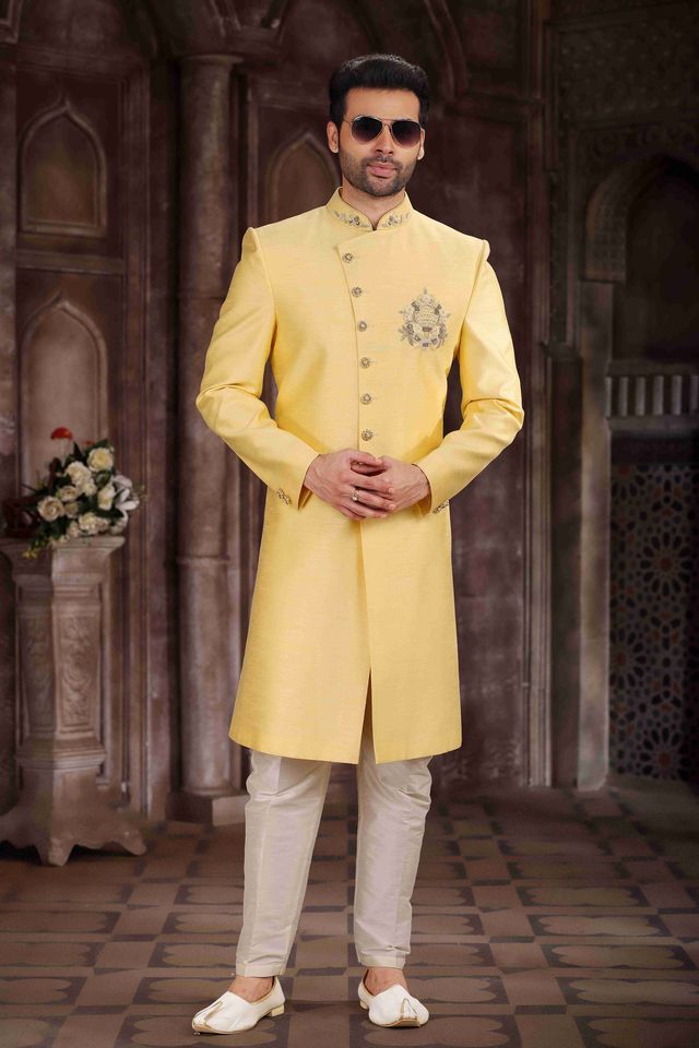 Raivat Ethnic Art Silk Embroidery Work Sherwani In Yellow Colour - Distacart