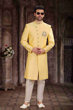 Thumbnail for Raivat Ethnic Art Silk Embroidery Work Sherwani In Yellow Colour