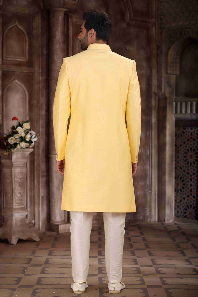 Raivat Ethnic Art Silk Embroidery Work Sherwani In Yellow Colour