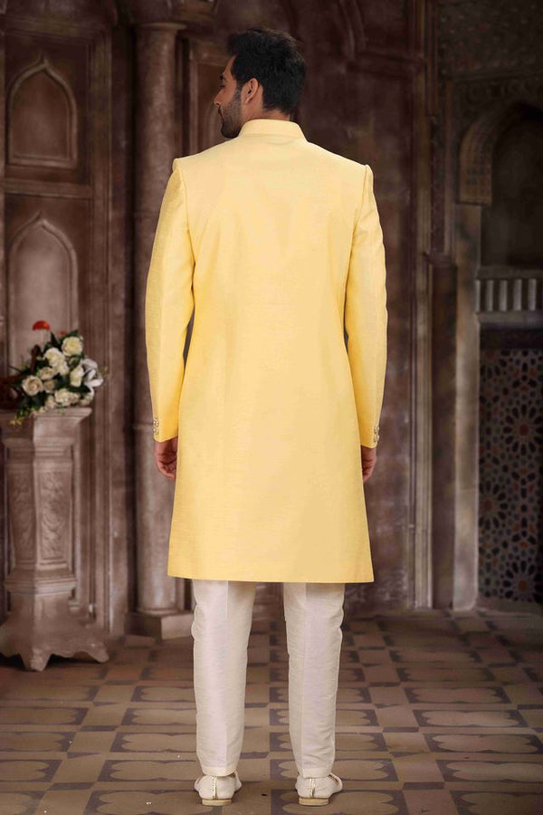 Raivat Ethnic Art Silk Embroidery Work Sherwani In Yellow Colour
