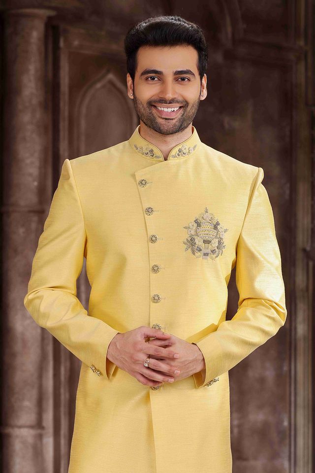 Raivat Ethnic Art Silk Embroidery Work Sherwani In Yellow Colour