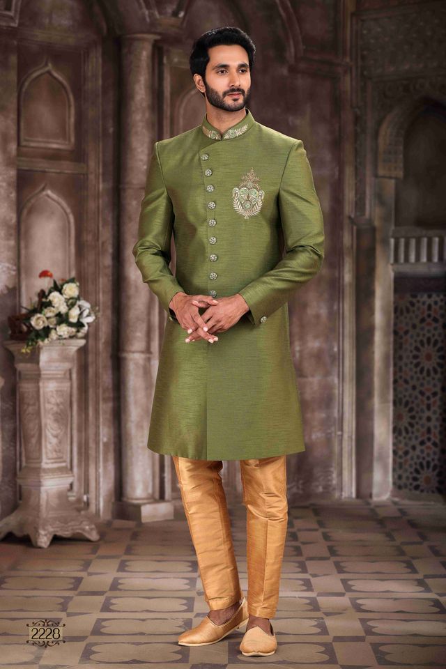 Raivat Ethnic Art Silk Embroidery Work Sherwani In Green Colour