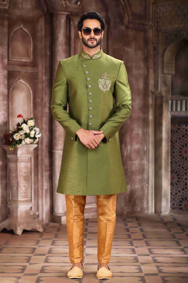 Raivat Ethnic Art Silk Embroidery Work Sherwani In Green Colour - Distacart