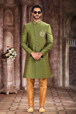 Thumbnail for Raivat Ethnic Art Silk Embroidery Work Sherwani In Green Colour
