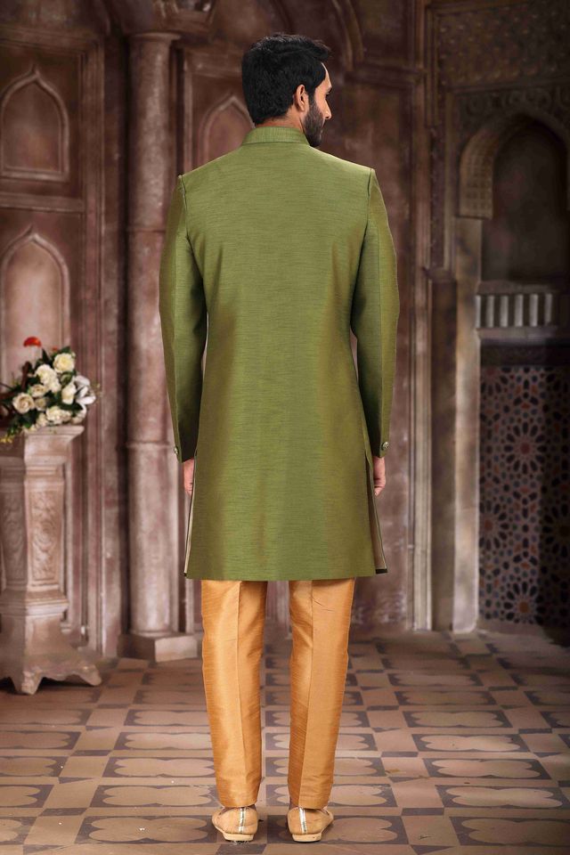 Raivat Ethnic Art Silk Embroidery Work Sherwani In Green Colour