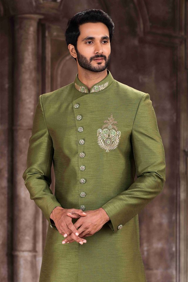 Raivat Ethnic Art Silk Embroidery Work Sherwani In Green Colour