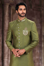 Thumbnail for Raivat Ethnic Art Silk Embroidery Work Sherwani In Green Colour