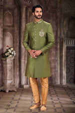 Thumbnail for Raivat Ethnic Art Silk Embroidery Work Sherwani In Green Colour