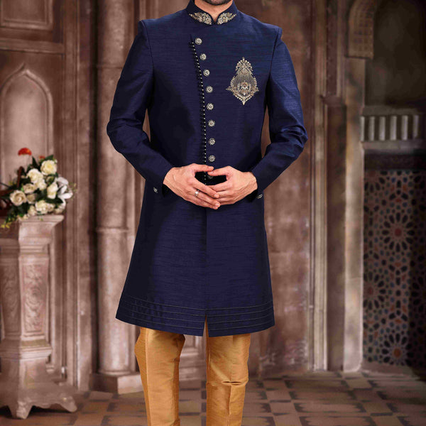 Raivat Ethnic Art Silk Embroidery Work Sherwani In Blue Colour