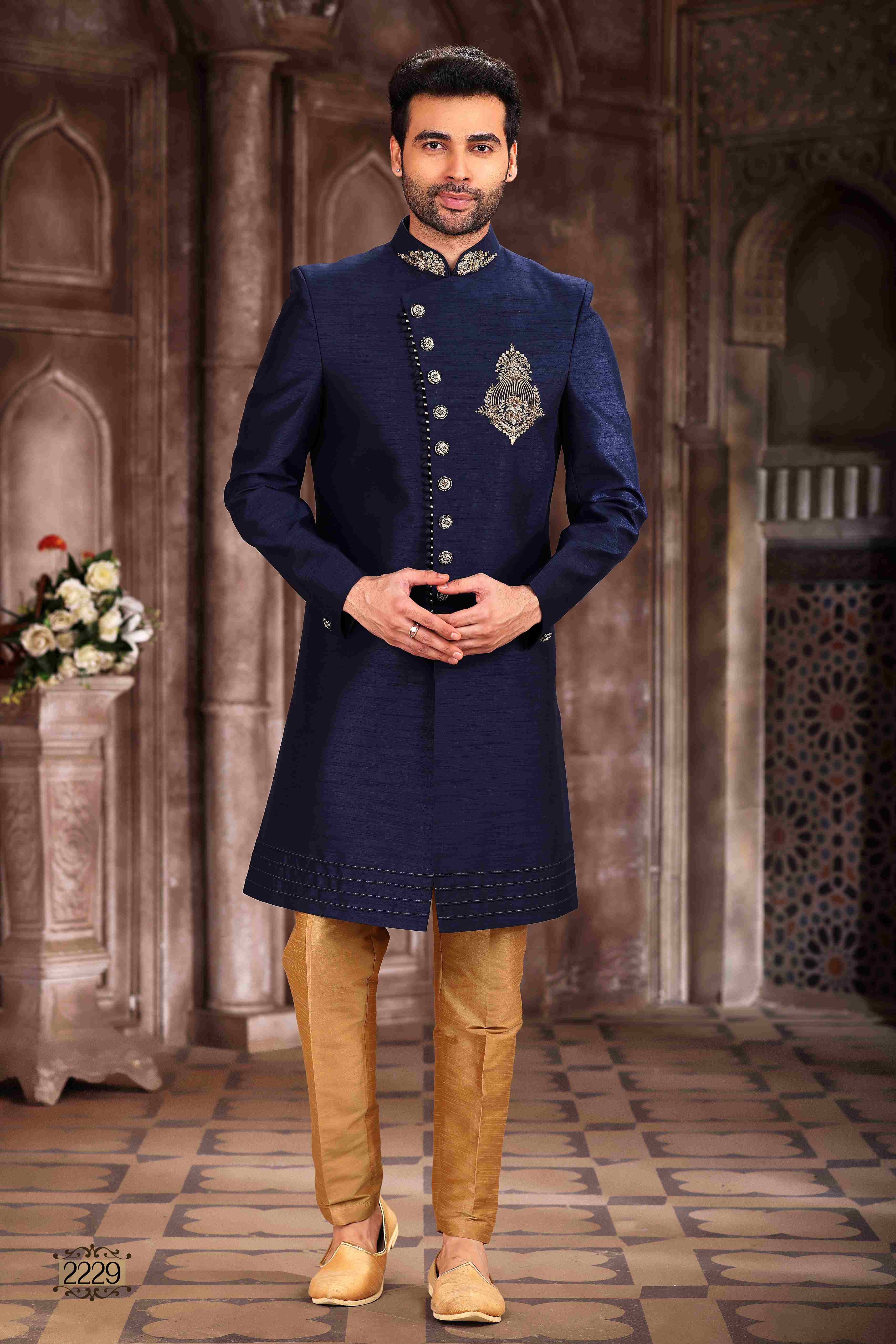 Raivat Ethnic Art Silk Embroidery Work Sherwani In Blue Colour - Distacart