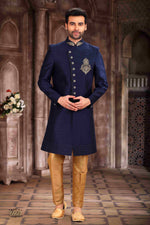 Thumbnail for Raivat Ethnic Art Silk Embroidery Work Sherwani In Blue Colour