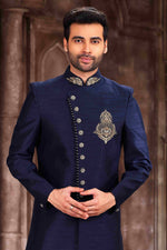 Thumbnail for Raivat Ethnic Art Silk Embroidery Work Sherwani In Blue Colour