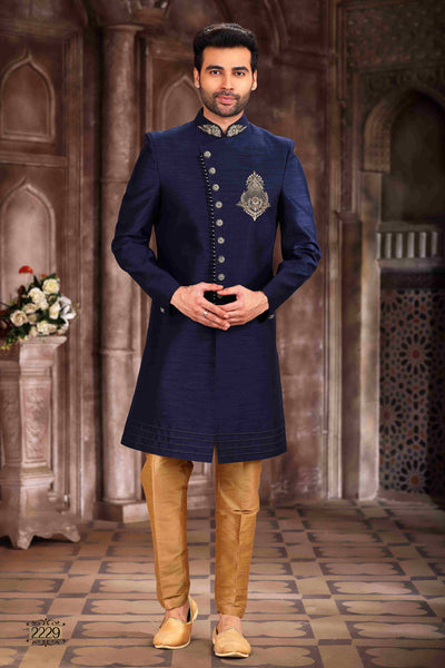 Raivat Ethnic Art Silk Embroidery Work Sherwani In Blue Colour