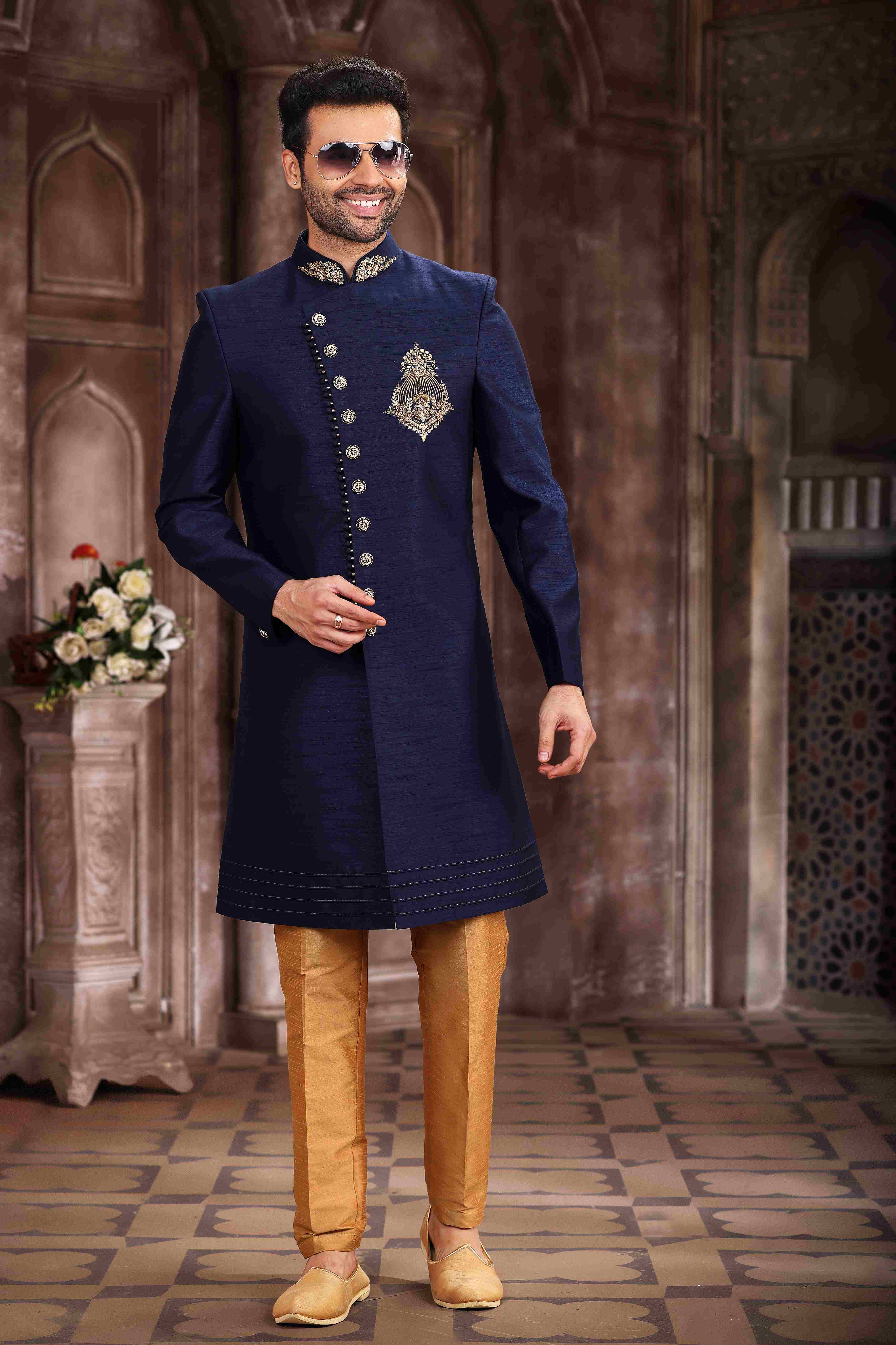 Raivat Ethnic Art Silk Embroidery Work Sherwani In Blue Colour