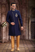 Thumbnail for Raivat Ethnic Art Silk Embroidery Work Sherwani In Blue Colour