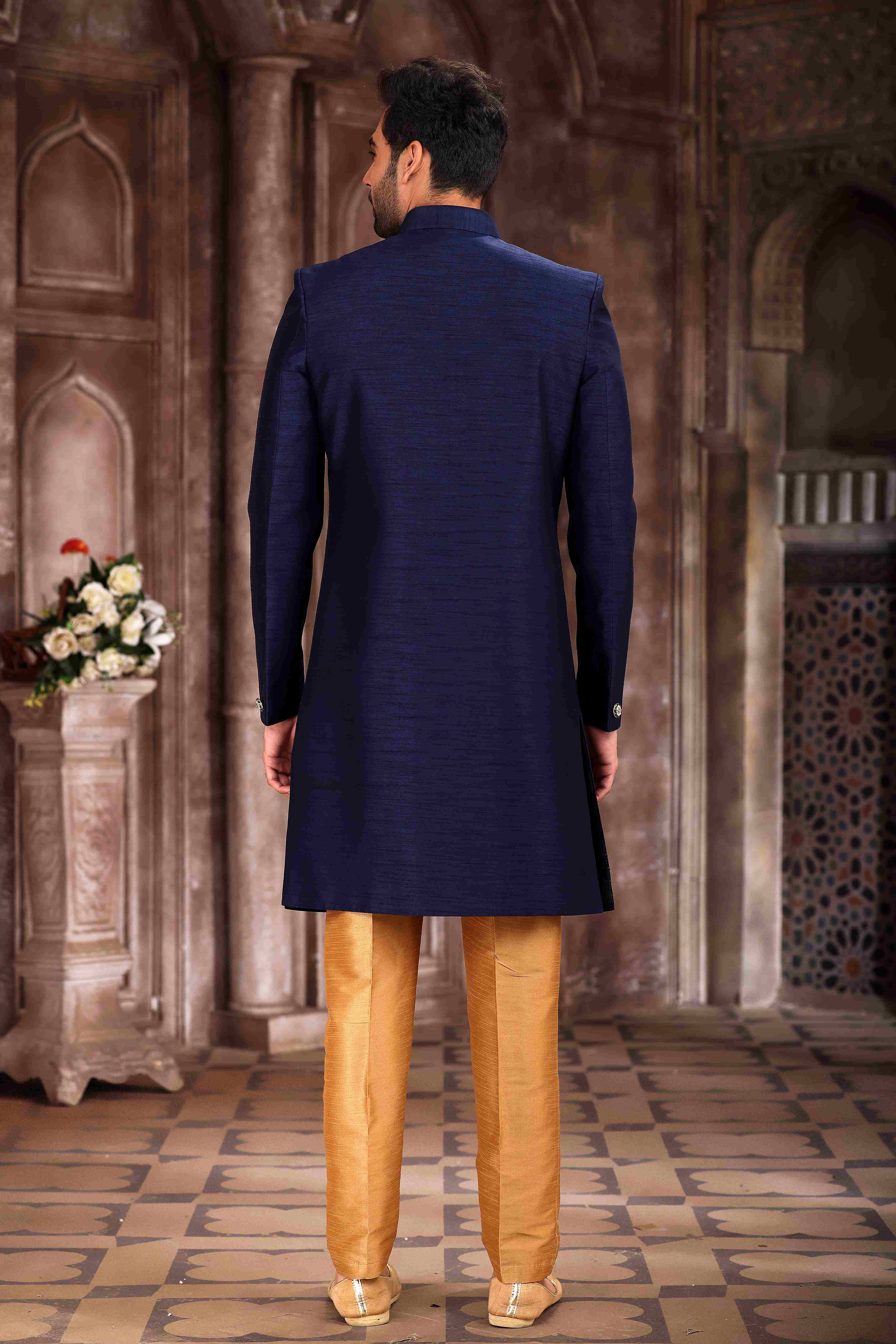 Raivat Ethnic Art Silk Embroidery Work Sherwani In Blue Colour