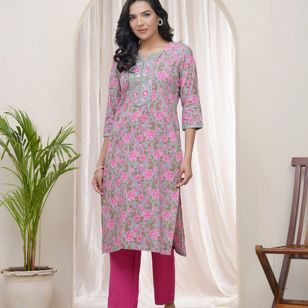 Vaasva Women Grey Cotton Printed Straight Kurti