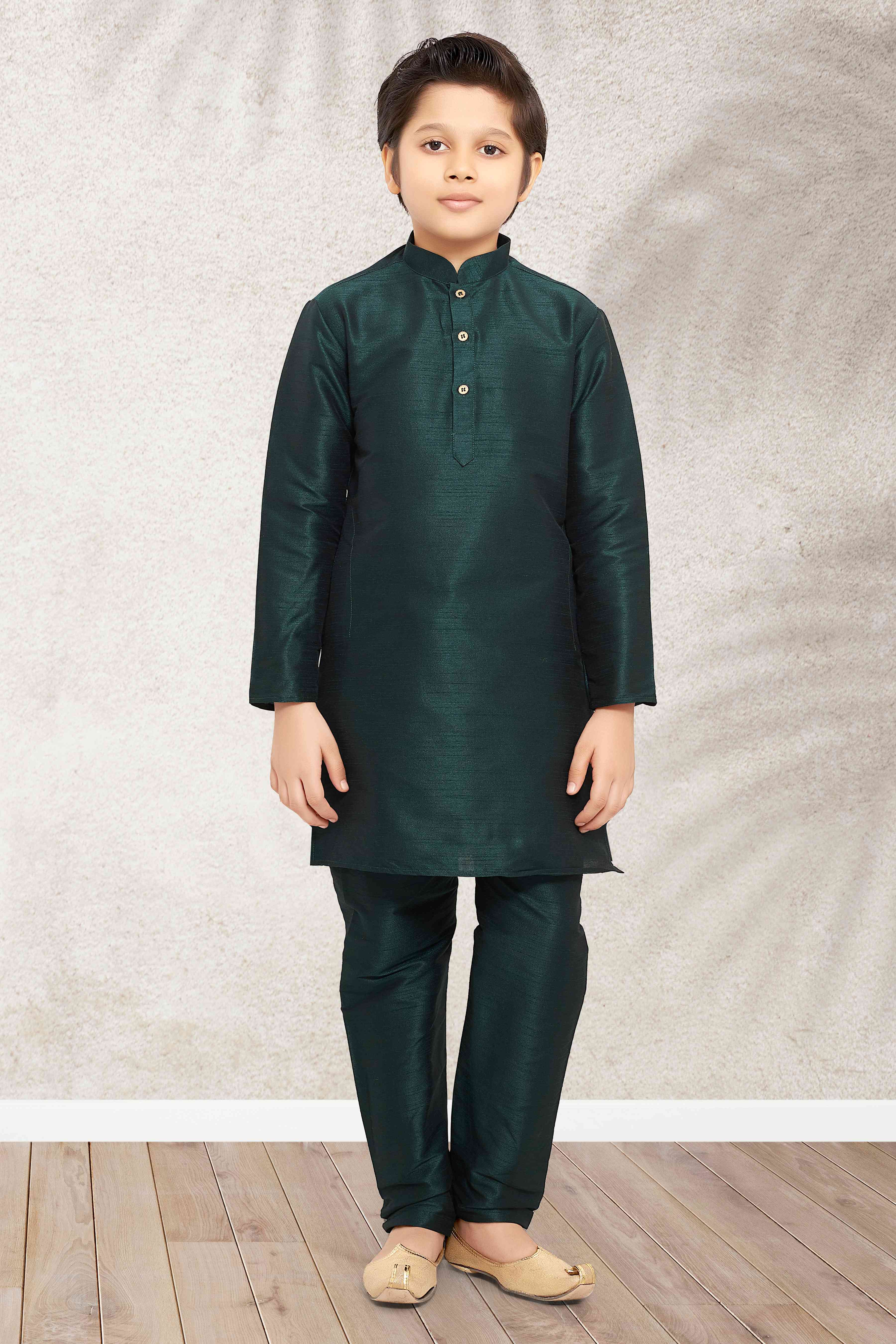 Raivat Ethnic Art Banarasi Silk Kids Kurta Pajama In Green Colour - Distacart