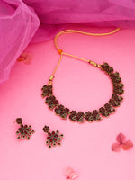 Thumbnail for Tehzeeb Creations Luxurious Gold Polished Maroon Colour Diamond Choker Necklace Set With Matching Earrings - Distacart