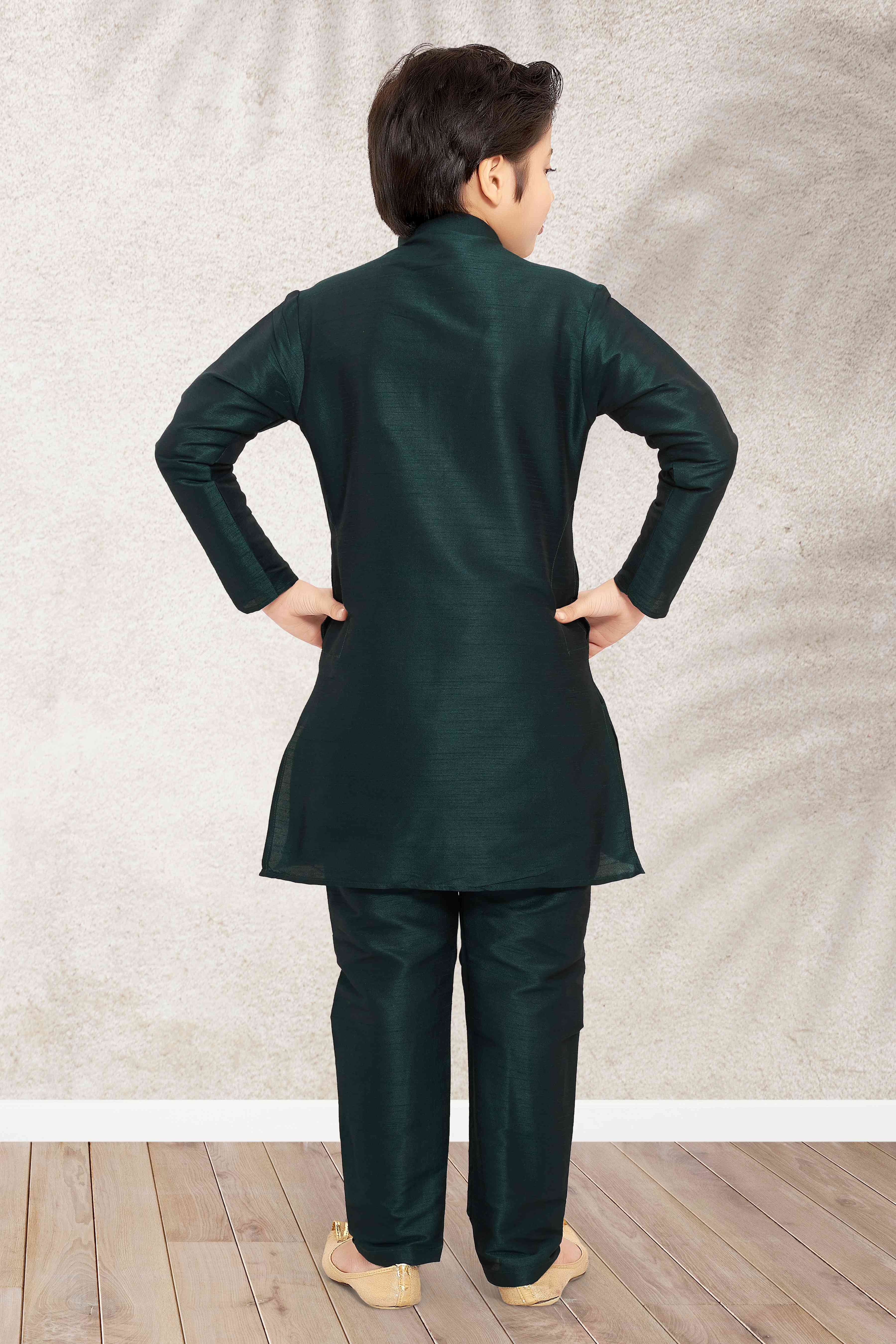 Raivat Ethnic Art Banarasi Silk Kids Kurta Pajama In Green Colour - Distacart