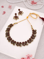 Thumbnail for Tehzeeb Creations Luxurious Gold Polished Maroon Colour Diamond Choker Necklace Set With Matching Earrings - Distacart